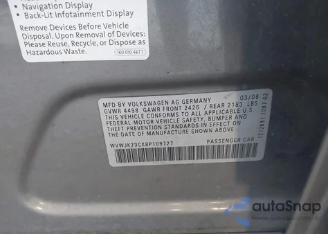 2008 Volkswagen Passat Turbo from USA, damaged, VIN WVWJK73CX8P109727